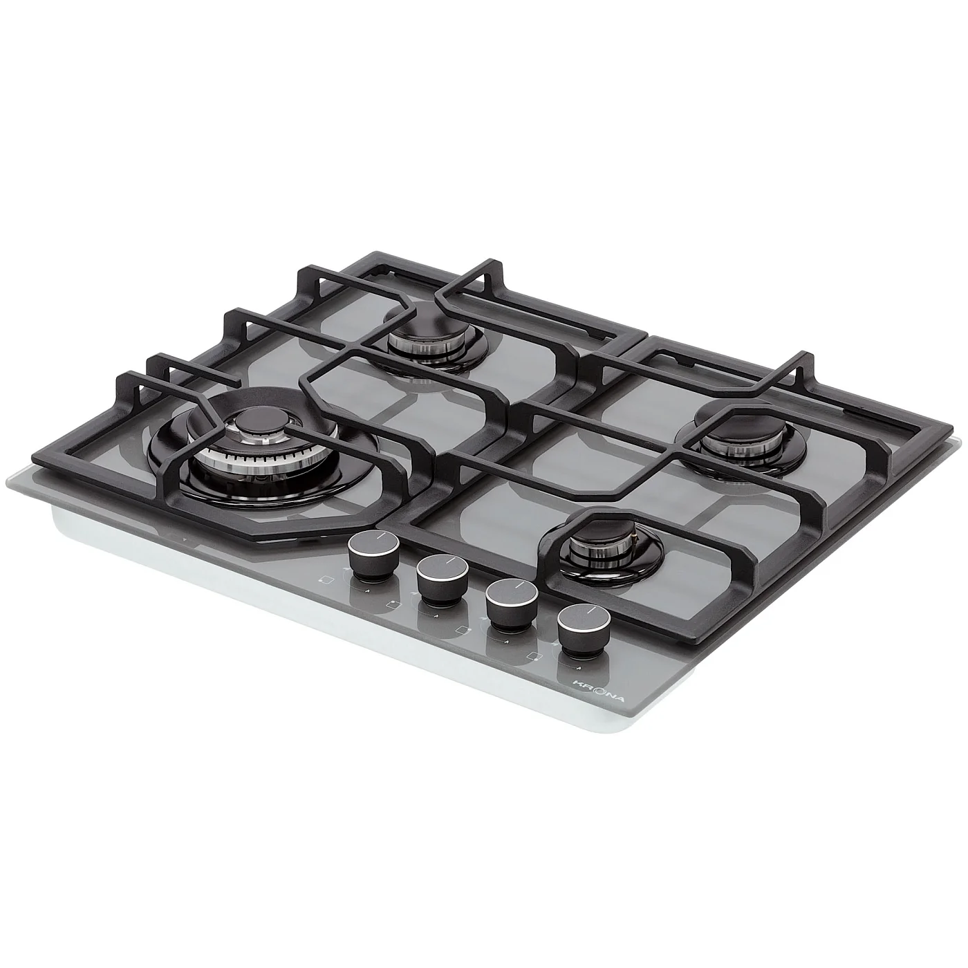 Встраиваемая газовая варочная панель Krona Mysterium GH 60 GR из серого закаленного стекла с чугунными решетками